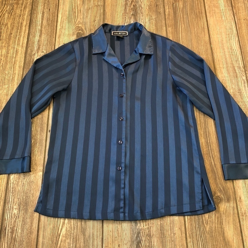 HALSTON Blue Striped Silk Texture Button Up Shirt XS